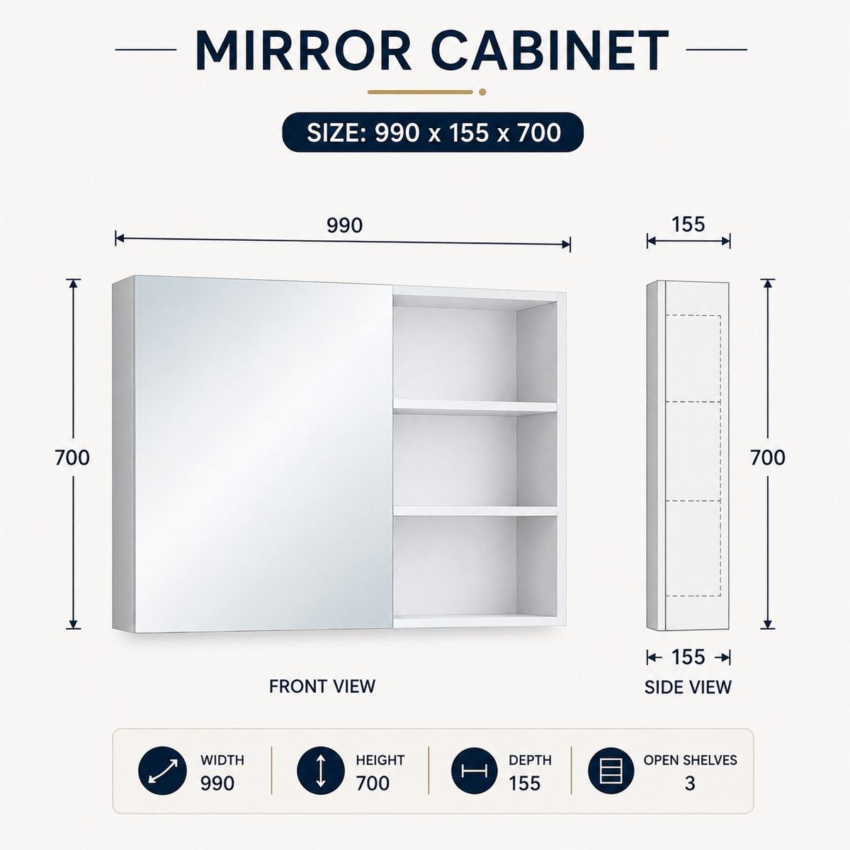 A dimension diagram of a white mirror cabinet with sliding doors and three open shelves, labeled 'MIRROR CABINET' with size measurements 990 x 155 x 700 and front/side views on a light gray background.
