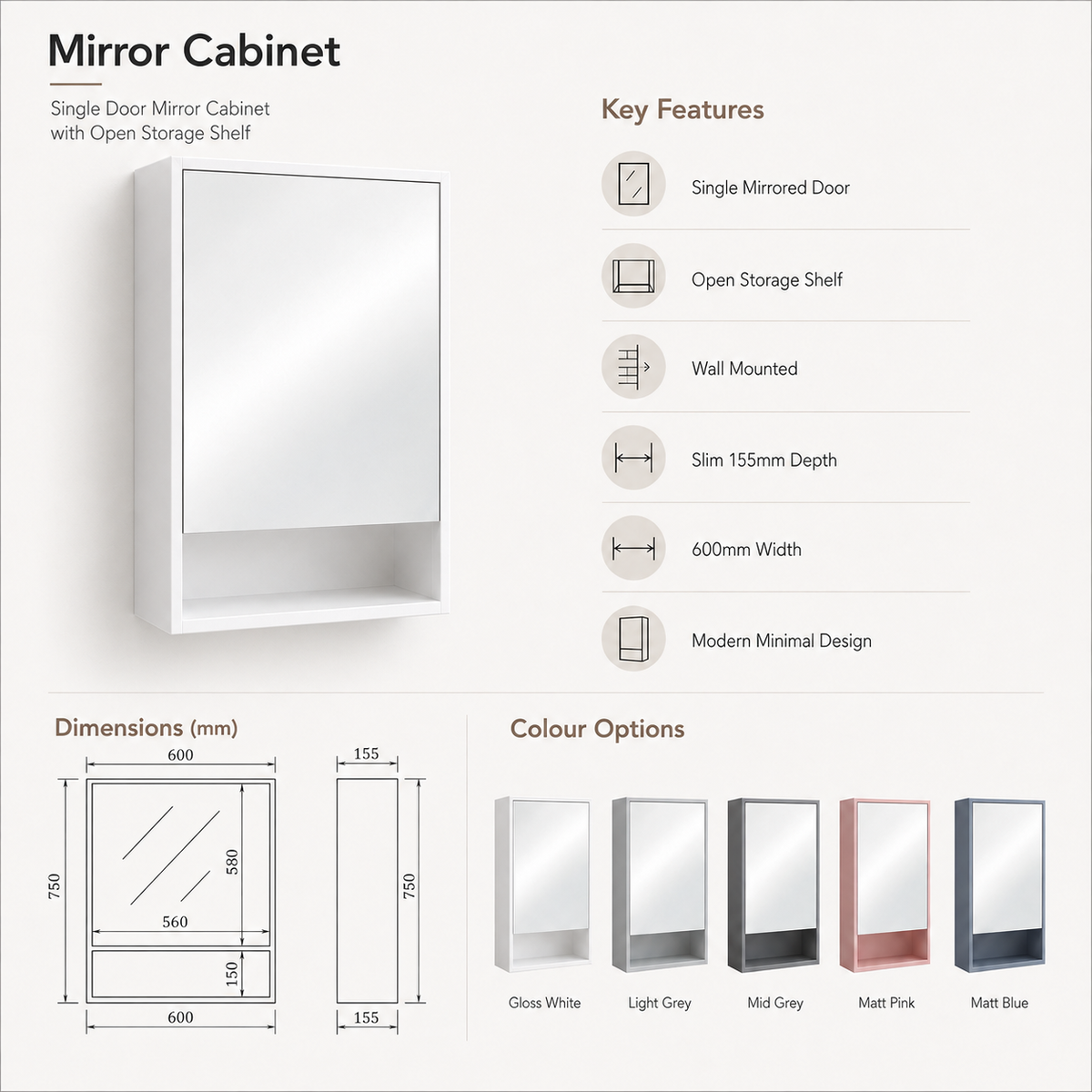 600mm Single Door Mirror Cabinet with Open Storage Shelf