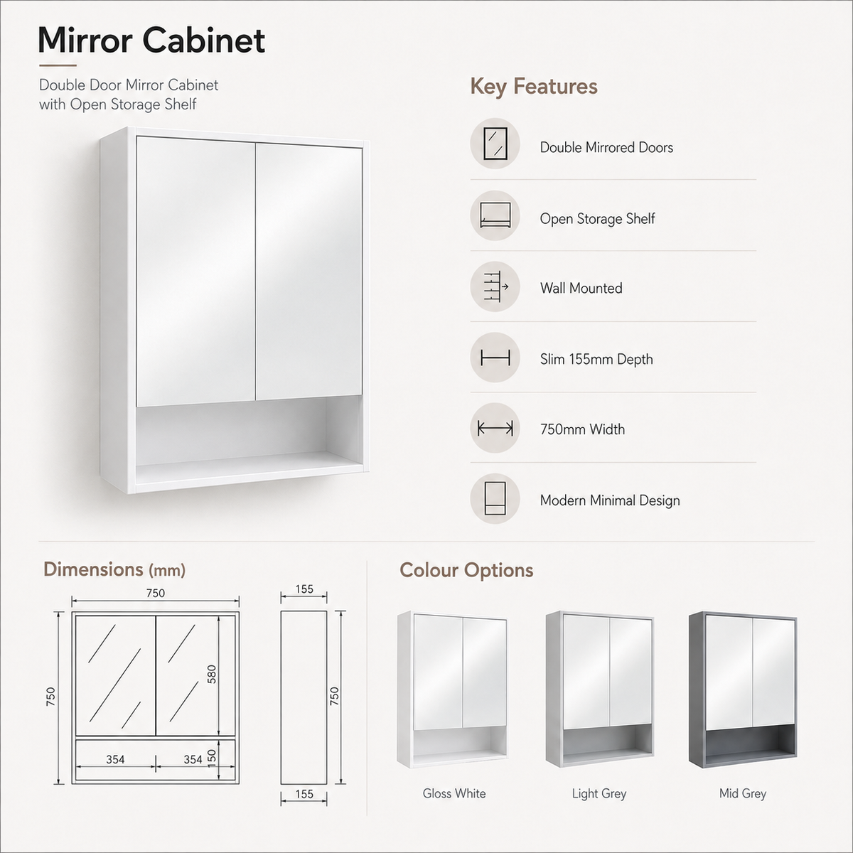750mm Mirror Storage Cabinet with 2 Soft Closing Doors