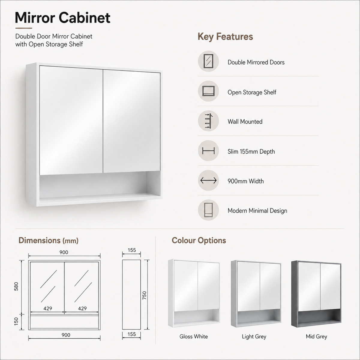 900mm Mirror Cabinet with 2 Soft Closing Doors