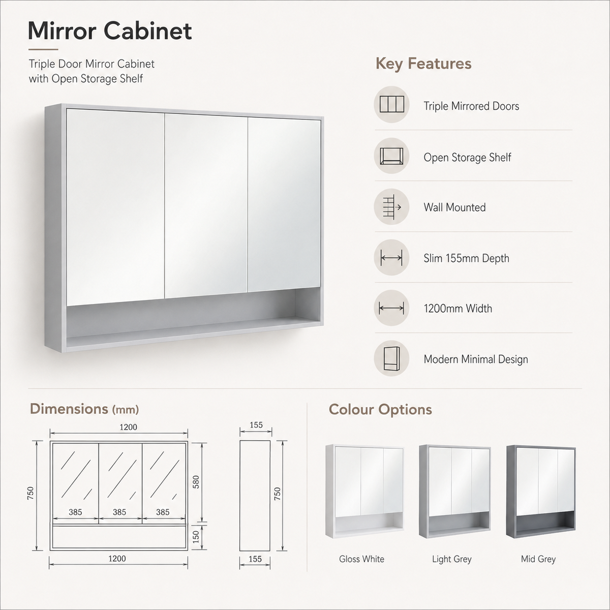 1200mm Wall Hung Mirror Cabinet With 3 Soft Closing Doors