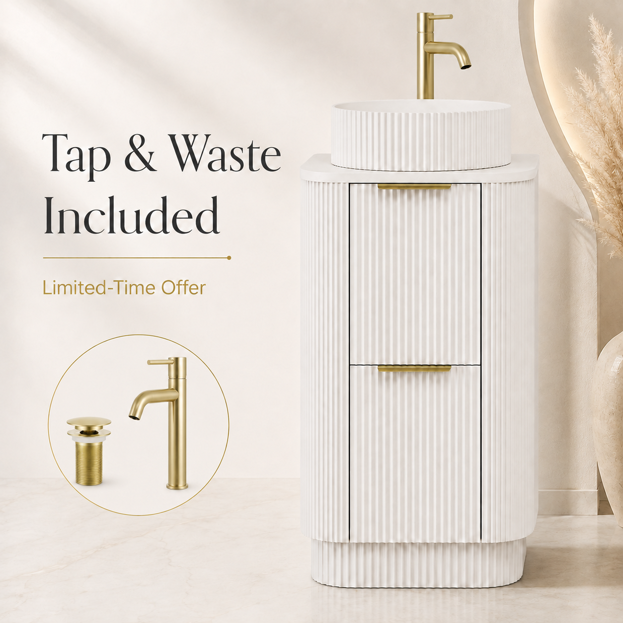 600mm Curved Fluted Floor Standing Vanity Unit with Countertop Basin