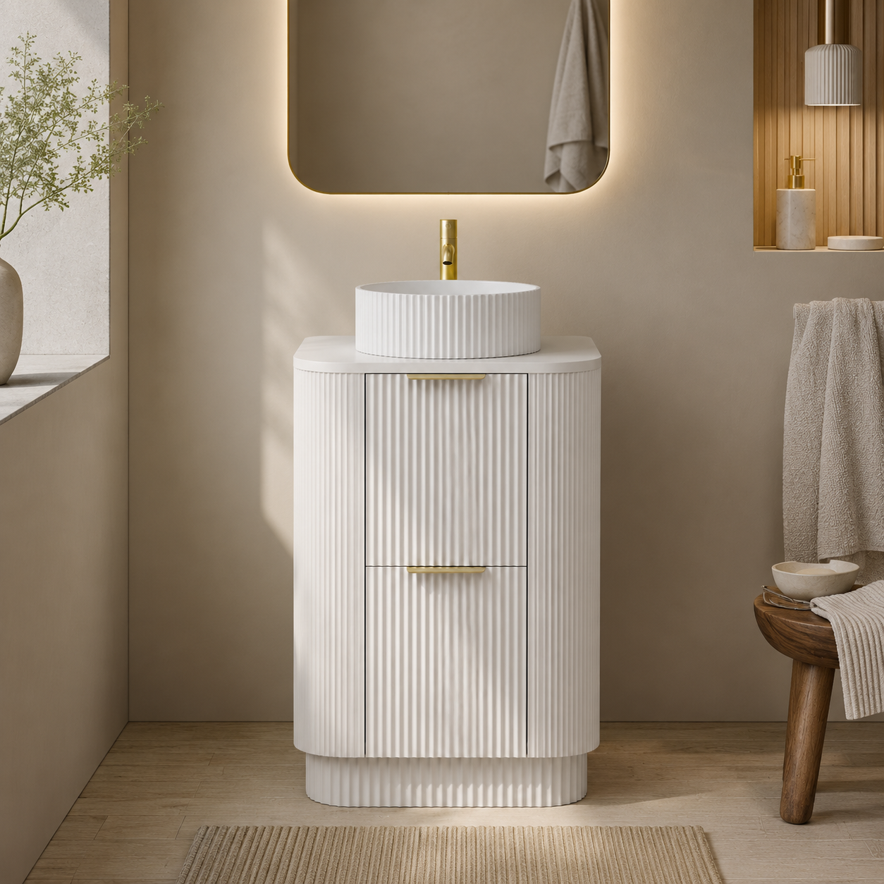 600mm Curved Fluted Floor Standing Vanity Unit with Countertop Basin