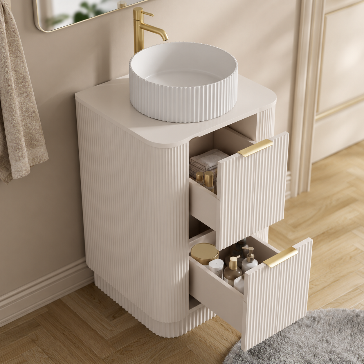 600mm Curved Fluted Floor Standing Vanity Unit with Countertop Basin