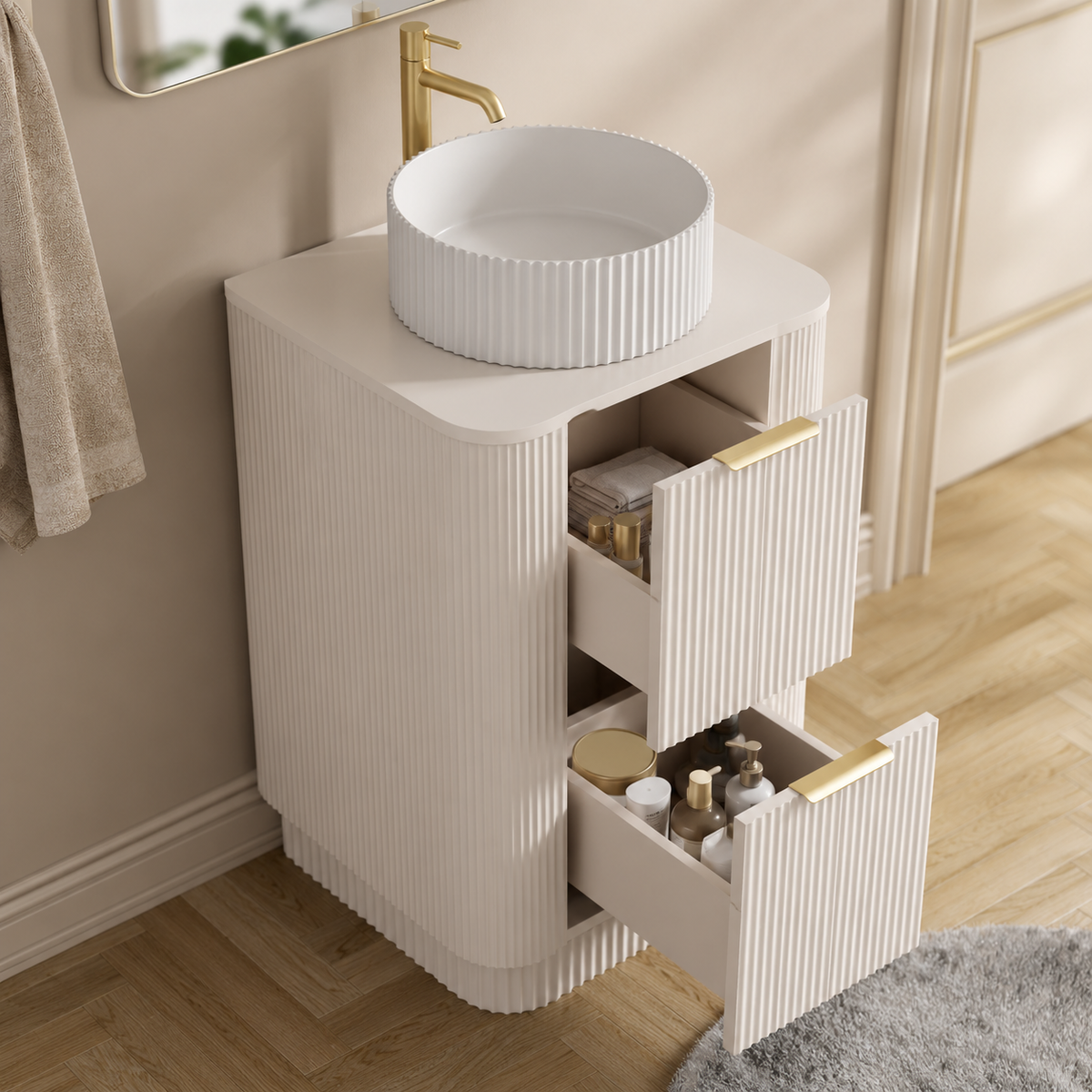 600mm Curved Fluted Floor Standing Vanity Unit with Countertop Basin