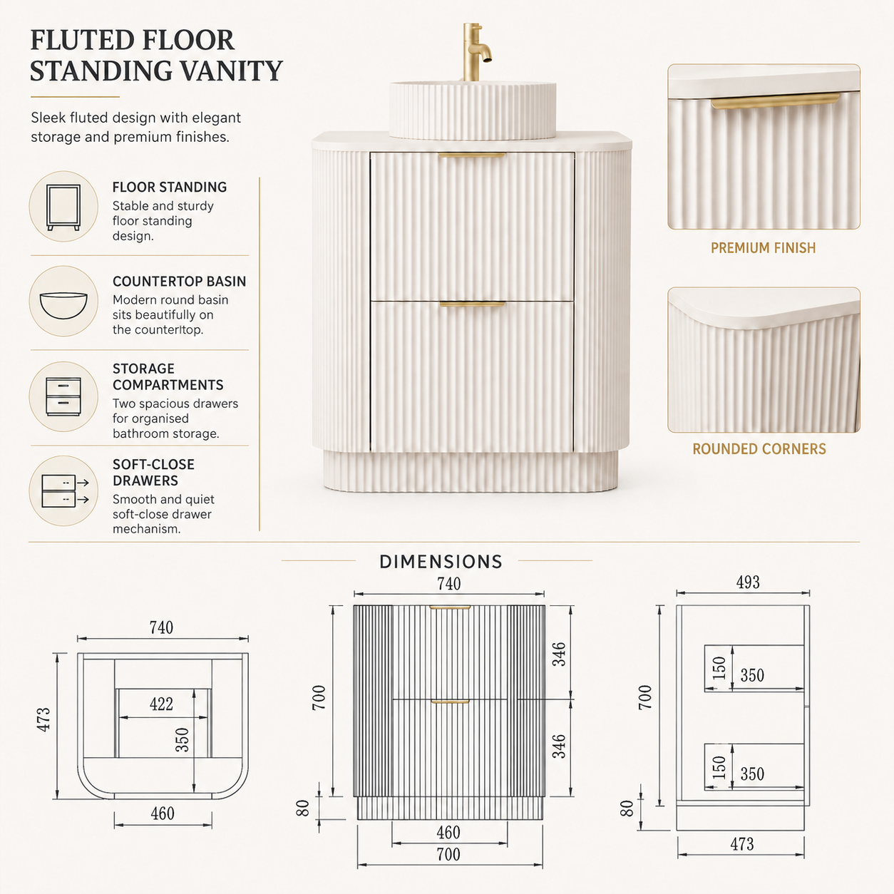 750mm Curved Fluted Floor Standing Vanity Unit with Countertop Basin