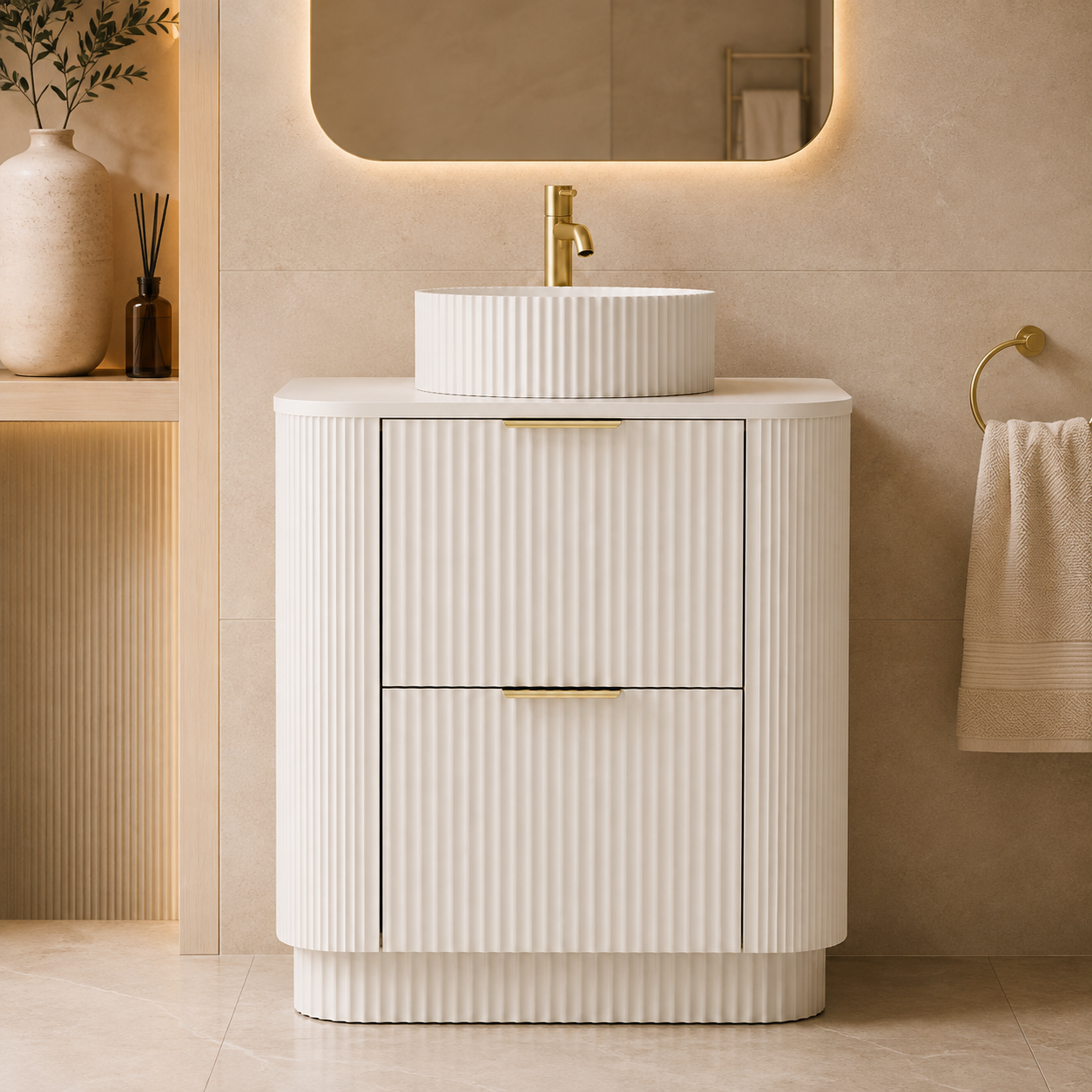 750mm Curved Fluted Floor Standing Vanity Unit with Countertop Basin