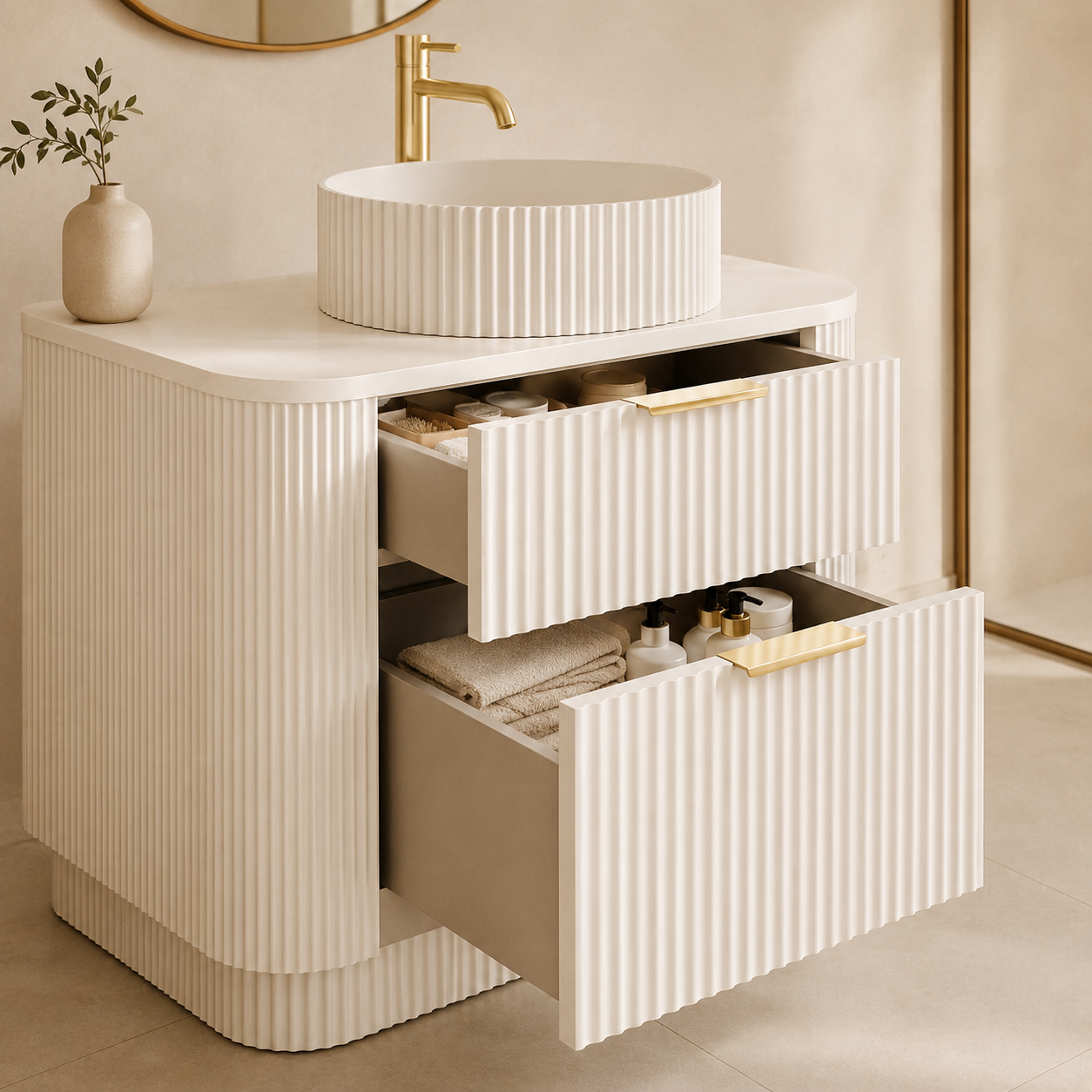750mm Curved Fluted Floor Standing Vanity Unit with Countertop Basin