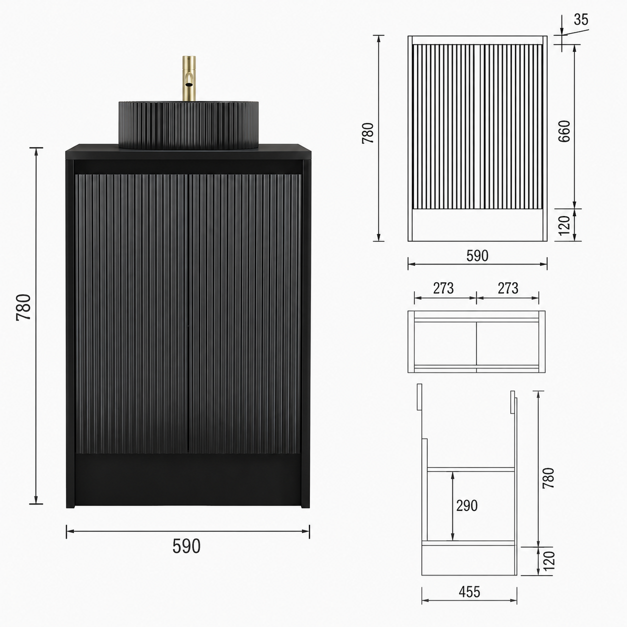 600mm Fluted Single-Door Floor Standing Vanity Unit with Countertop Basin