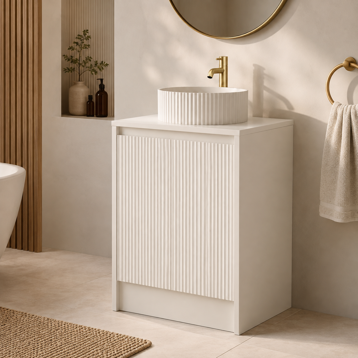 600mm Fluted Single-Door Floor Standing Vanity Unit with Countertop Basin