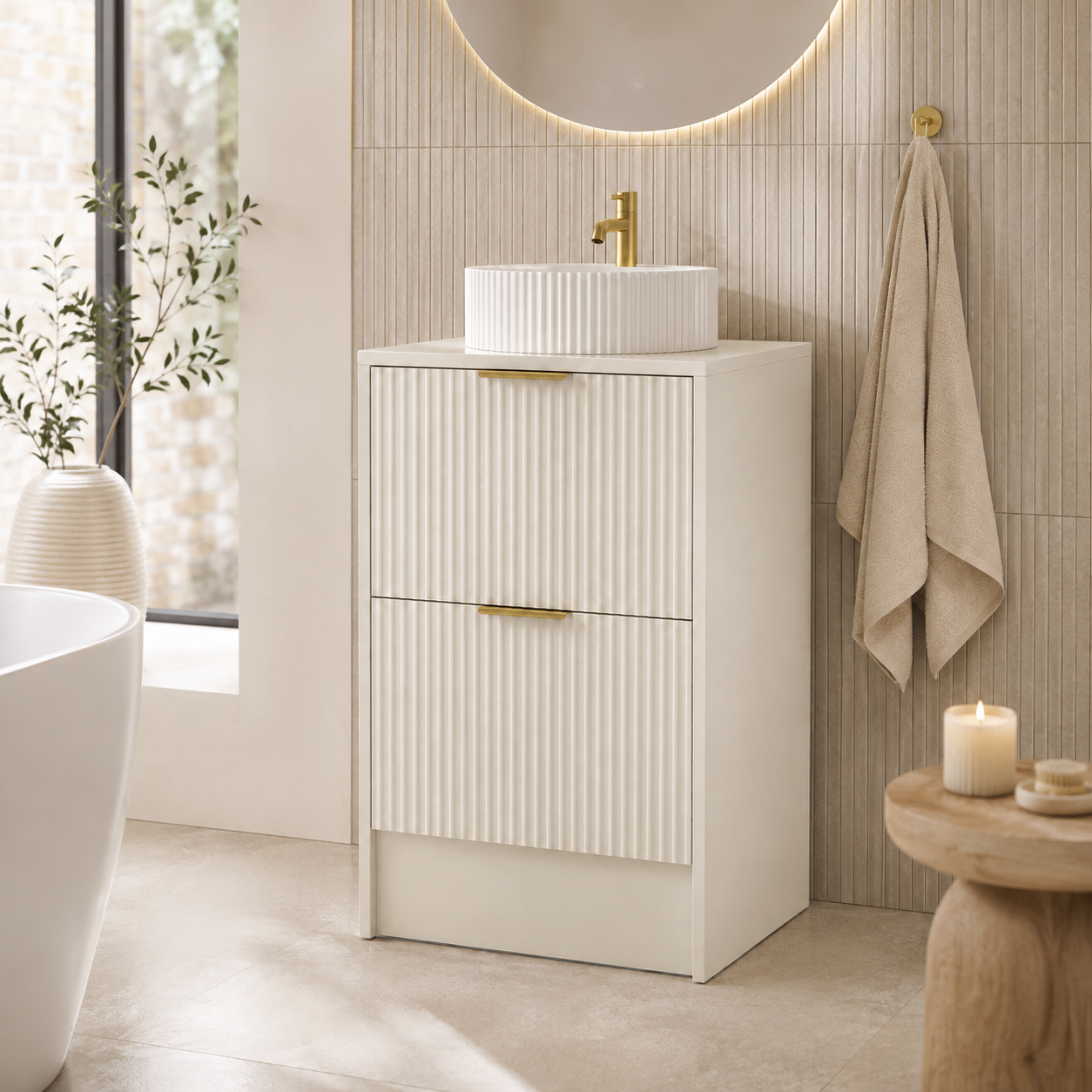 600mm Rectangular Fluted Two-Drawer Floor Standing Vanity Unit with Countertop Basin