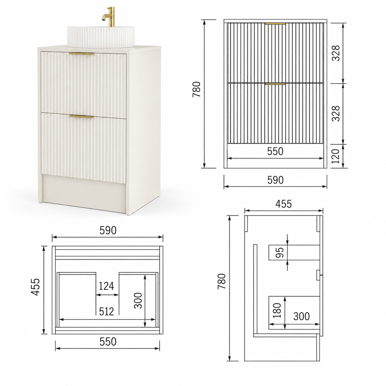 600mm Rectangular Fluted Two-Drawer Floor Standing Vanity Unit with Countertop Basin