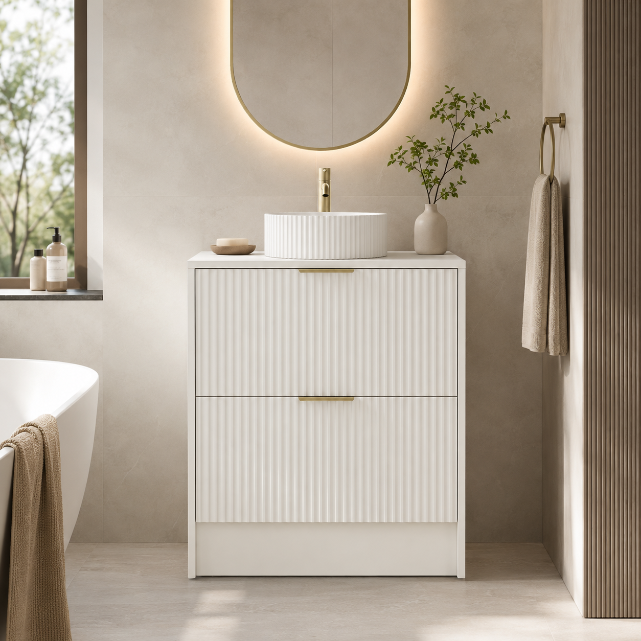 750mm Rectangular Fluted Two-Drawer Floor Standing Vanity Unit with Countertop Basin