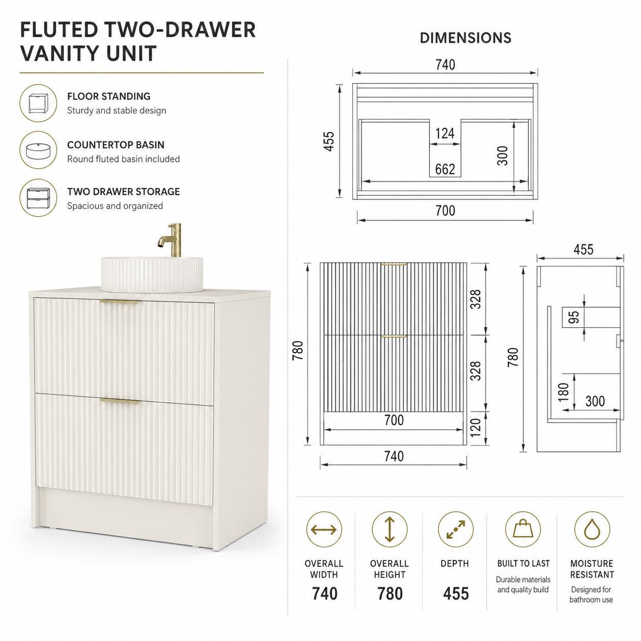 750mm Rectangular Fluted Two-Drawer Floor Standing Vanity Unit with Countertop Basin