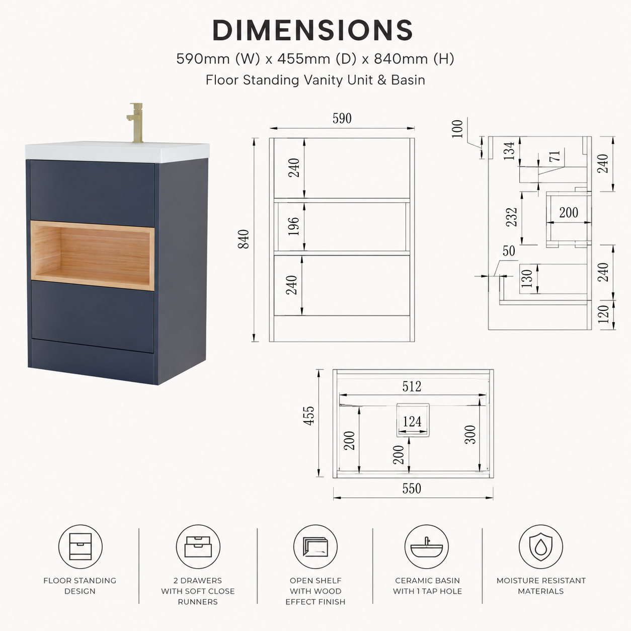 600mm Floor Standing Vanity Unit with Basin and Open Shelf