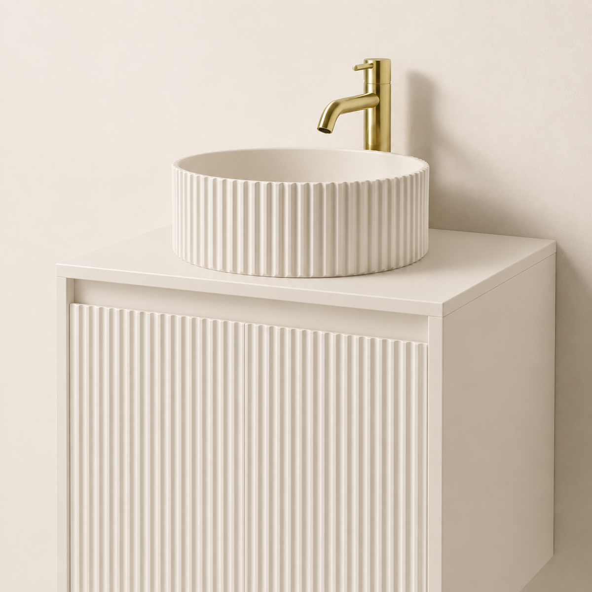 600mm Fluted Wall-Hung Vanity Unit with Worktop, Art Basin & Tap