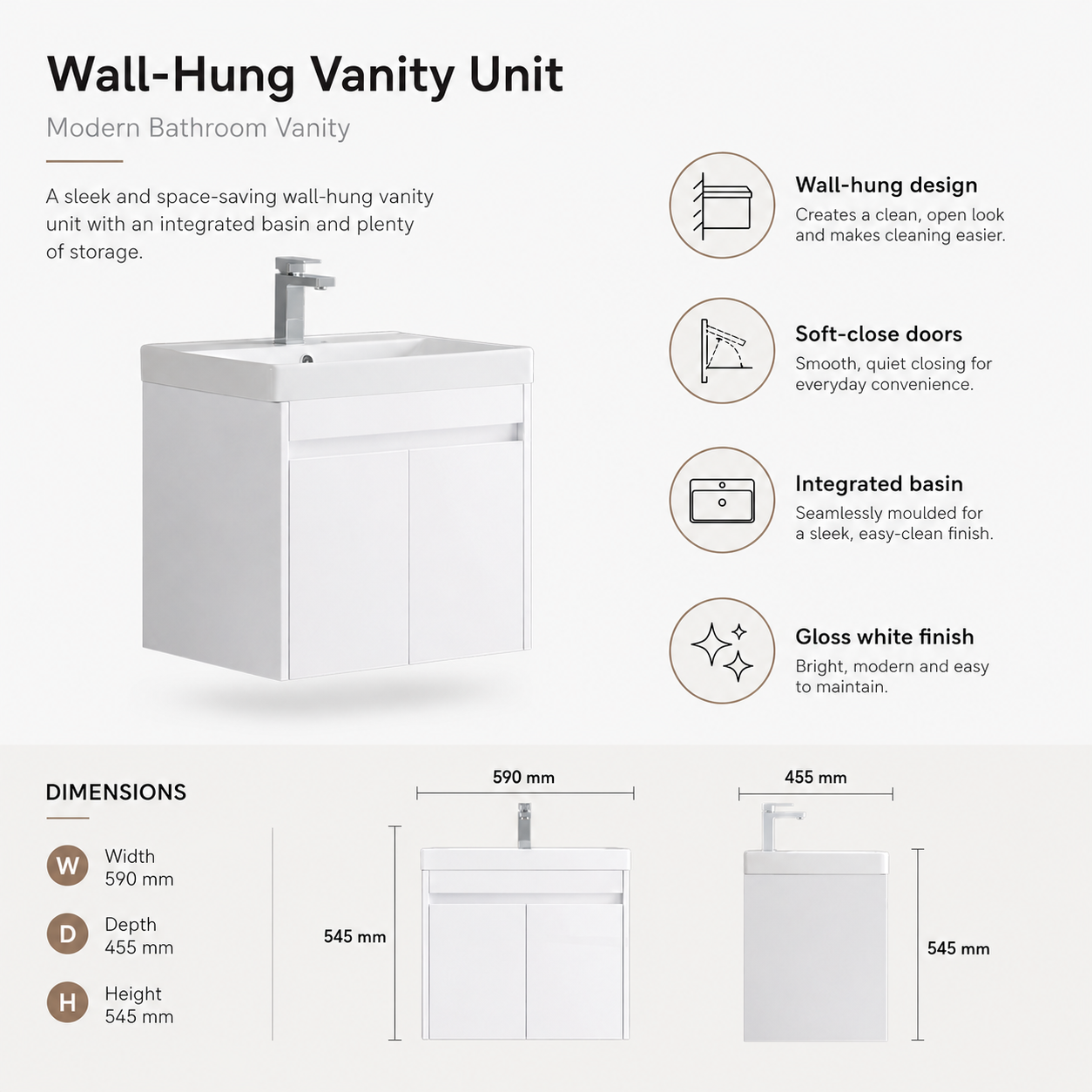 600mm Handle less Wall-Hung Vanity Unit with Ceramic Basin