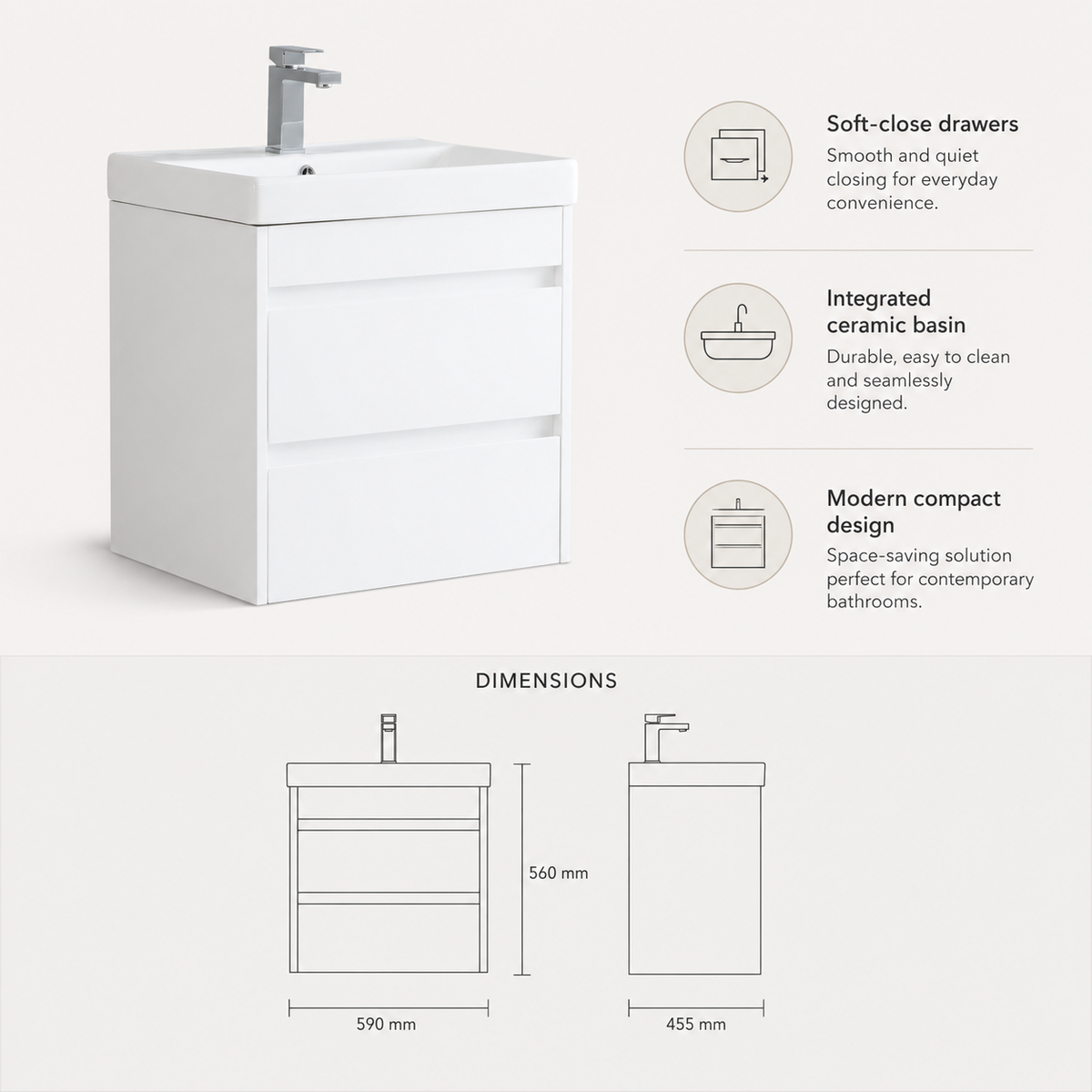 600mm Two-Drawer Wall-Hung Vanity Unit with Ceramic Basin