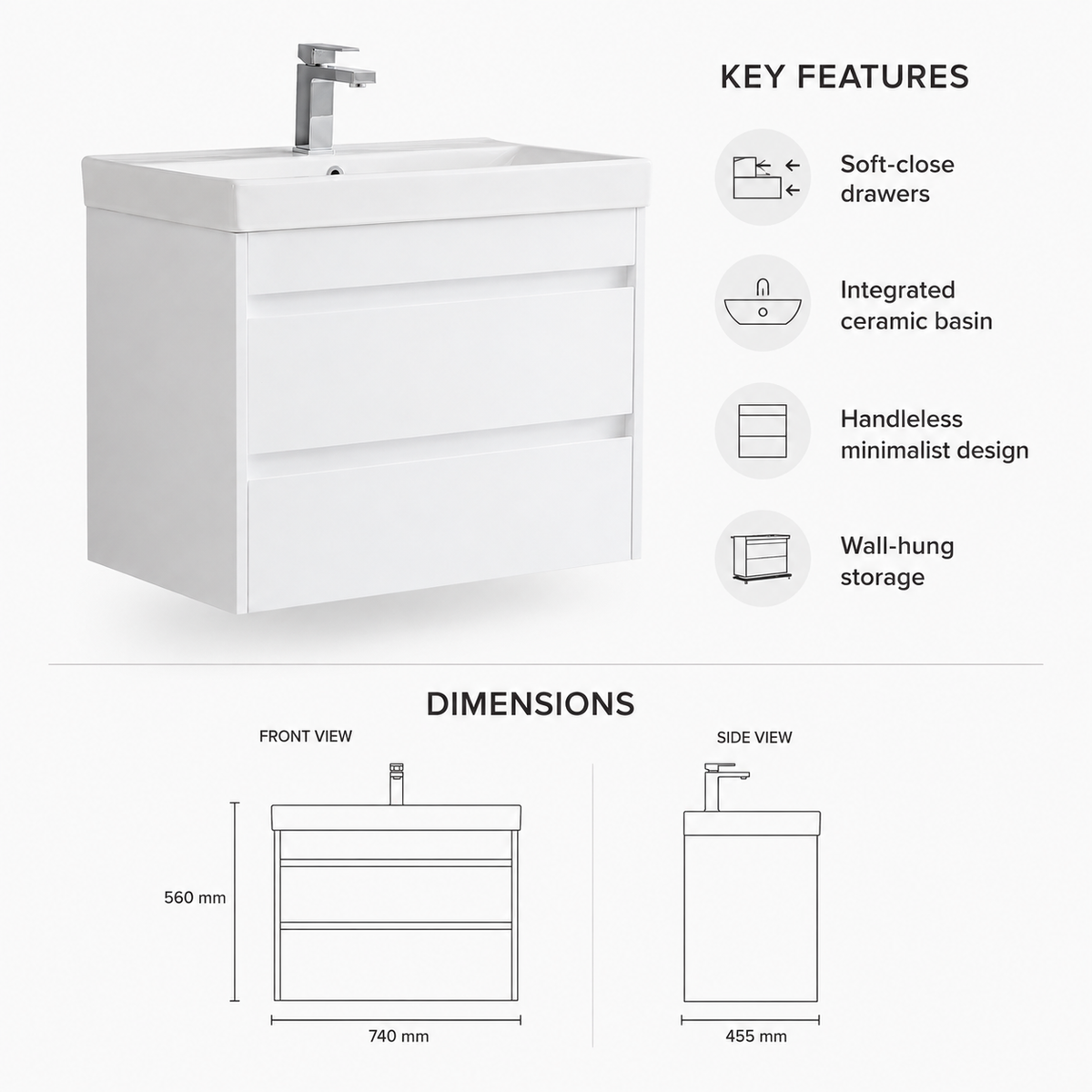 750mm Two-Drawer Wall-Hung Vanity Unit with Ceramic Basin