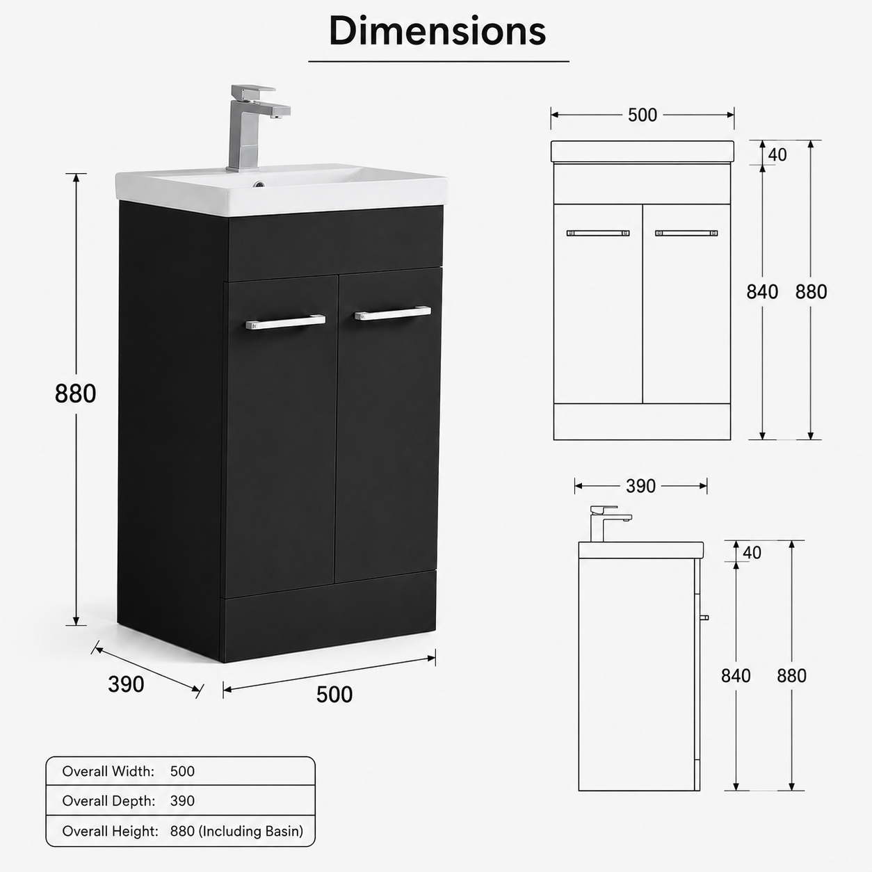 500mm Floor Standing Vanity Unit with Basin and Chrome Handles