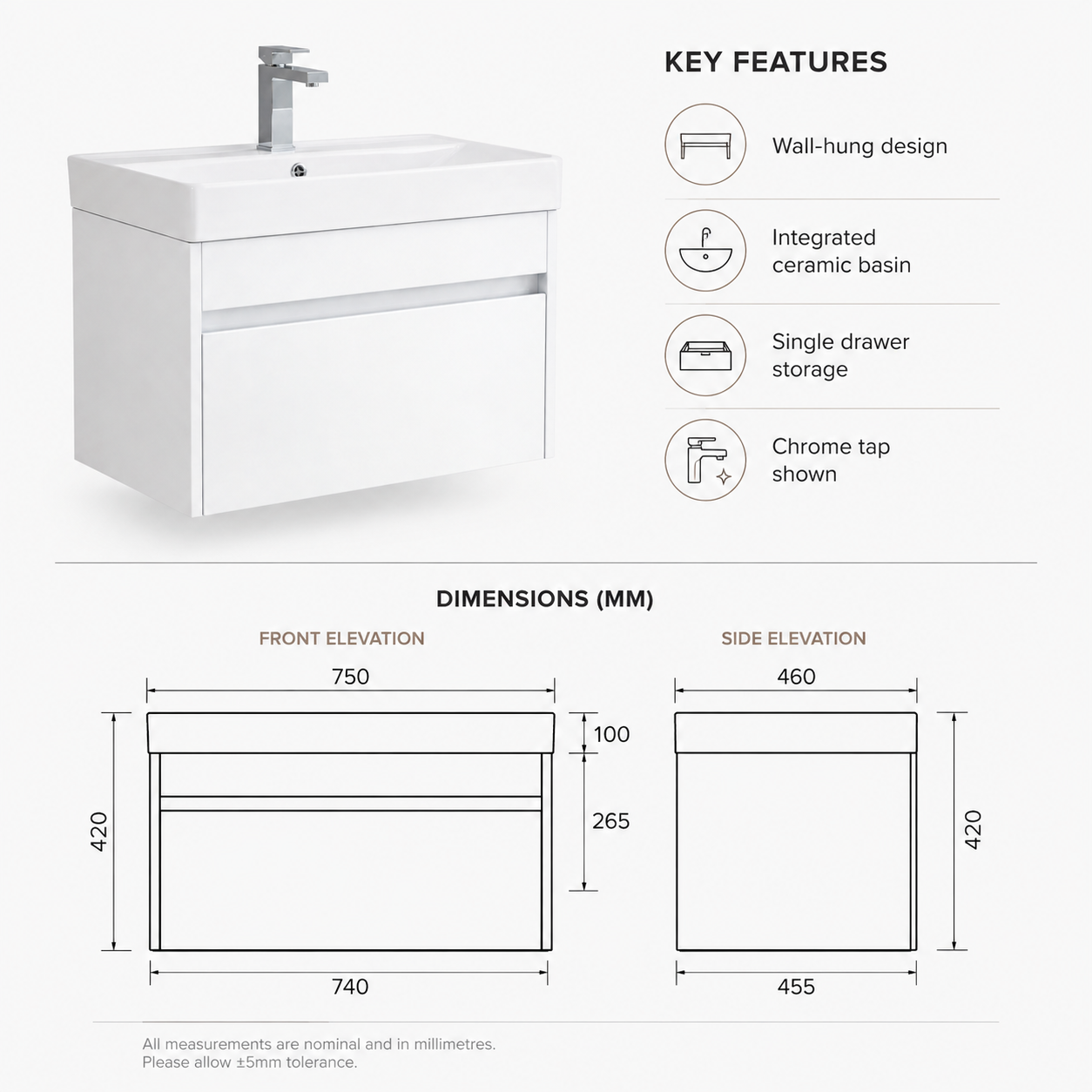 750mm Single-Drawer Wall-Hung Vanity Unit with Ceramic Basin