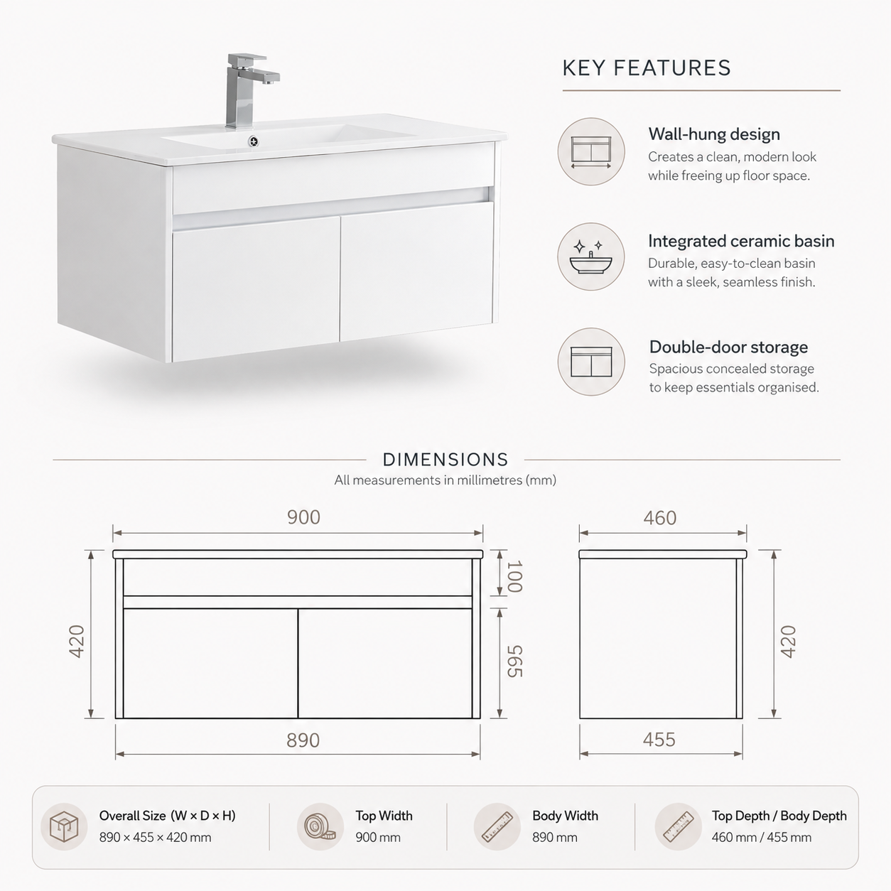 900mm Wall-Hung Vanity Unit with Ceramic Basin
