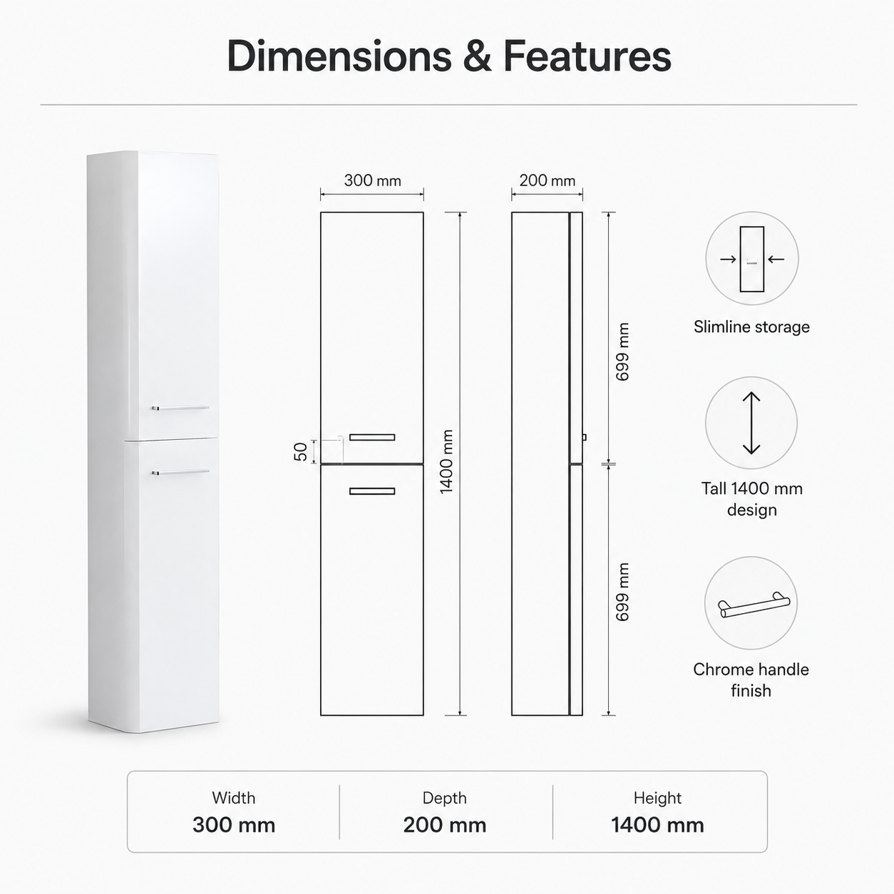 300mm slim Wall-Hung Tall Bathroom Storage Cabinet