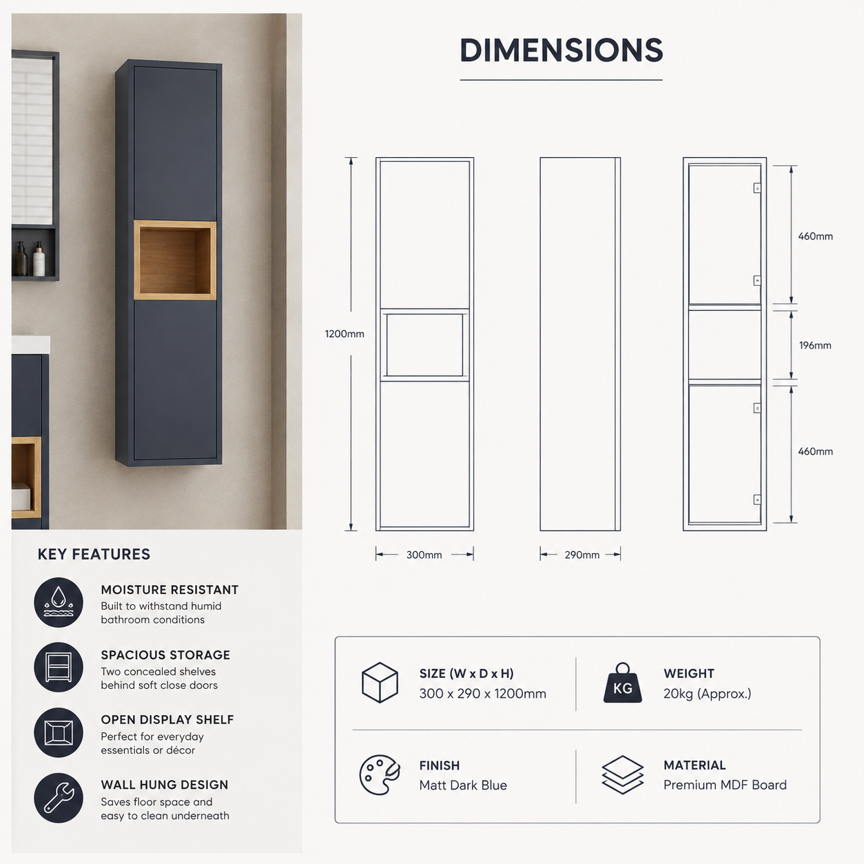 300mm Open Shelf Wall-Hung Tall Bathroom Storage Cabinet