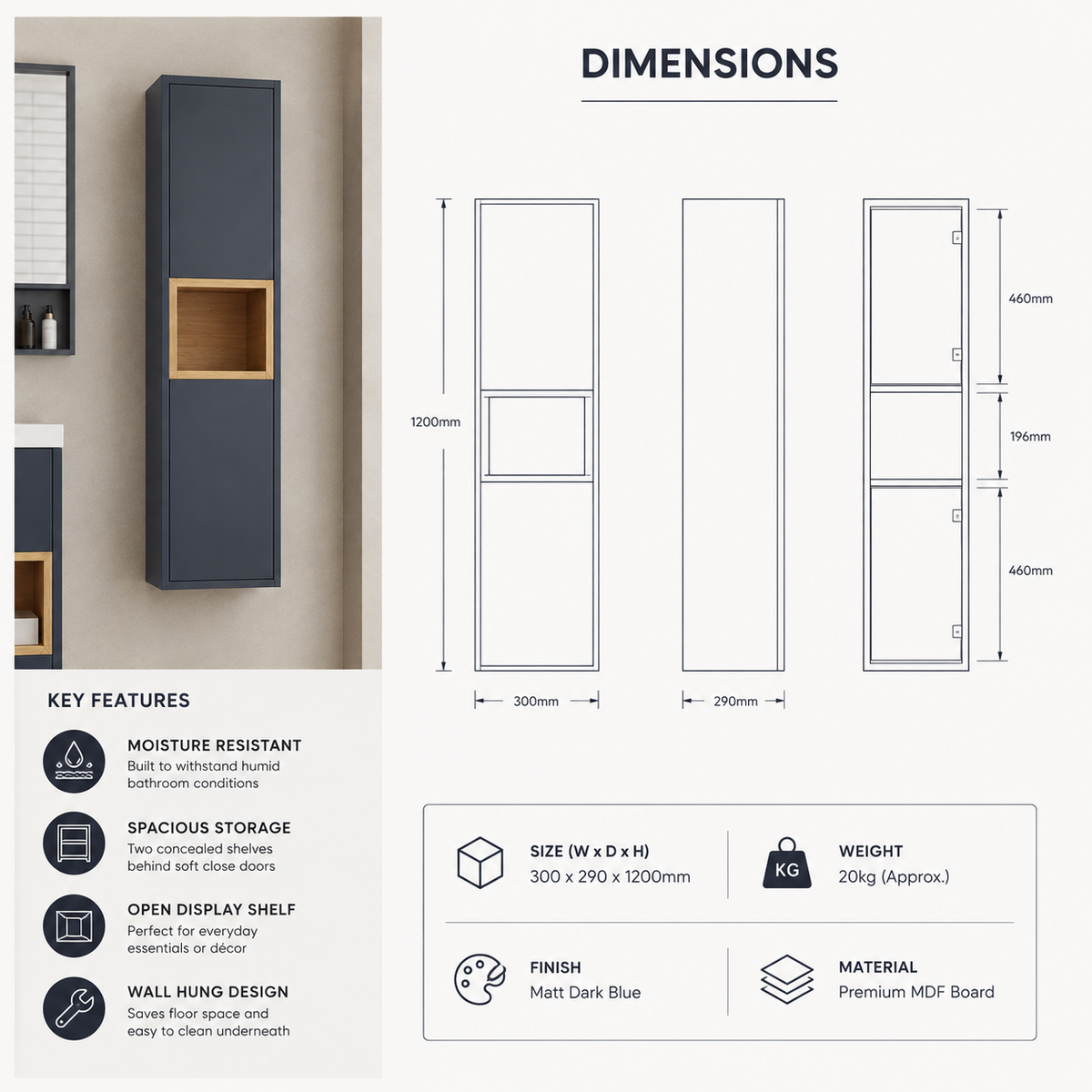 300mm Wall Hung Tall Cabinet with Open Shelf