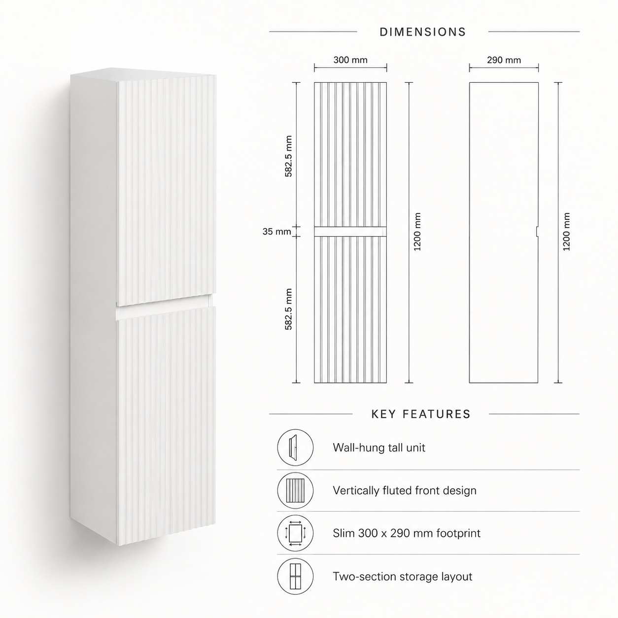 300mm Fluted Wall-Hung Tall Bathroom Storage Cabinet