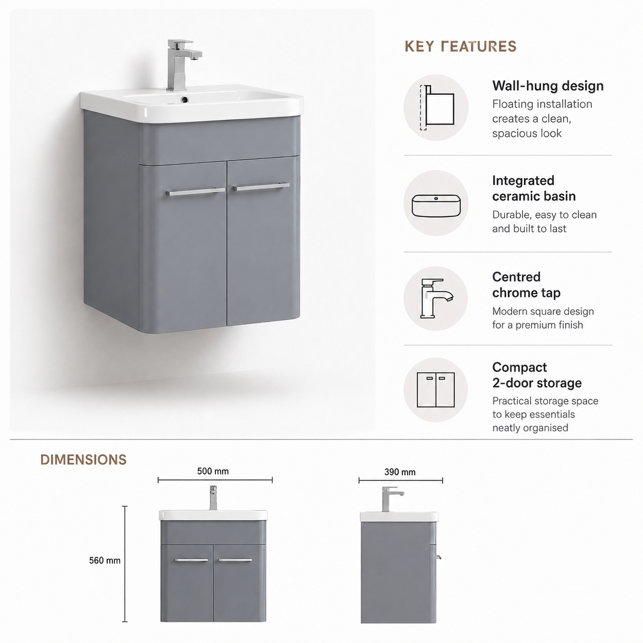 500mm Wall-Hung Vanity Unit with Curved-edge Ceramic Basin