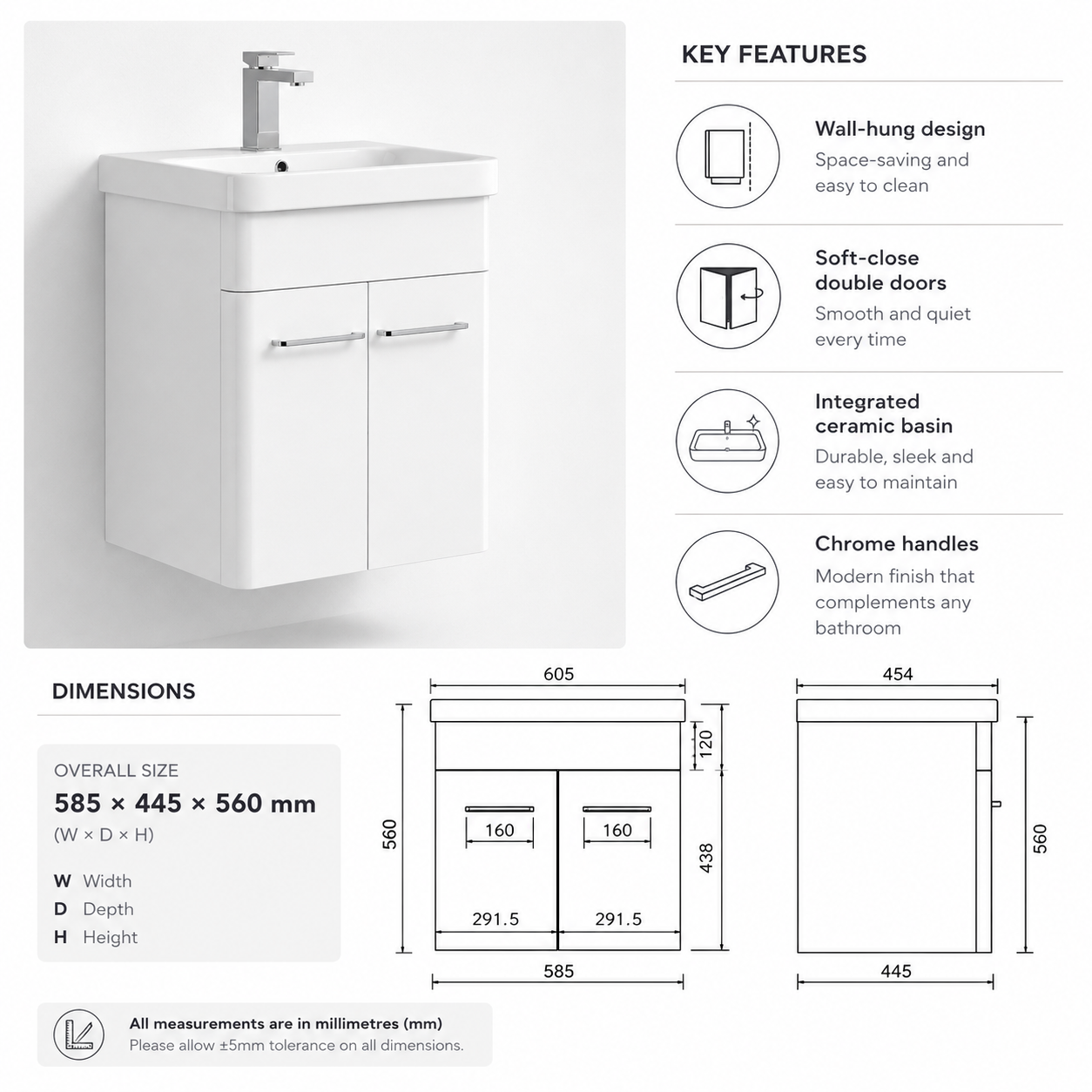 600mm Wall-Hung Vanity Unit with Curved-edge Ceramic Basin