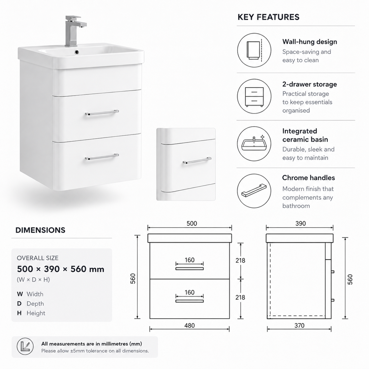 500mm Two-Drawer Wall-Hung Vanity Unit with Ceramic Basin