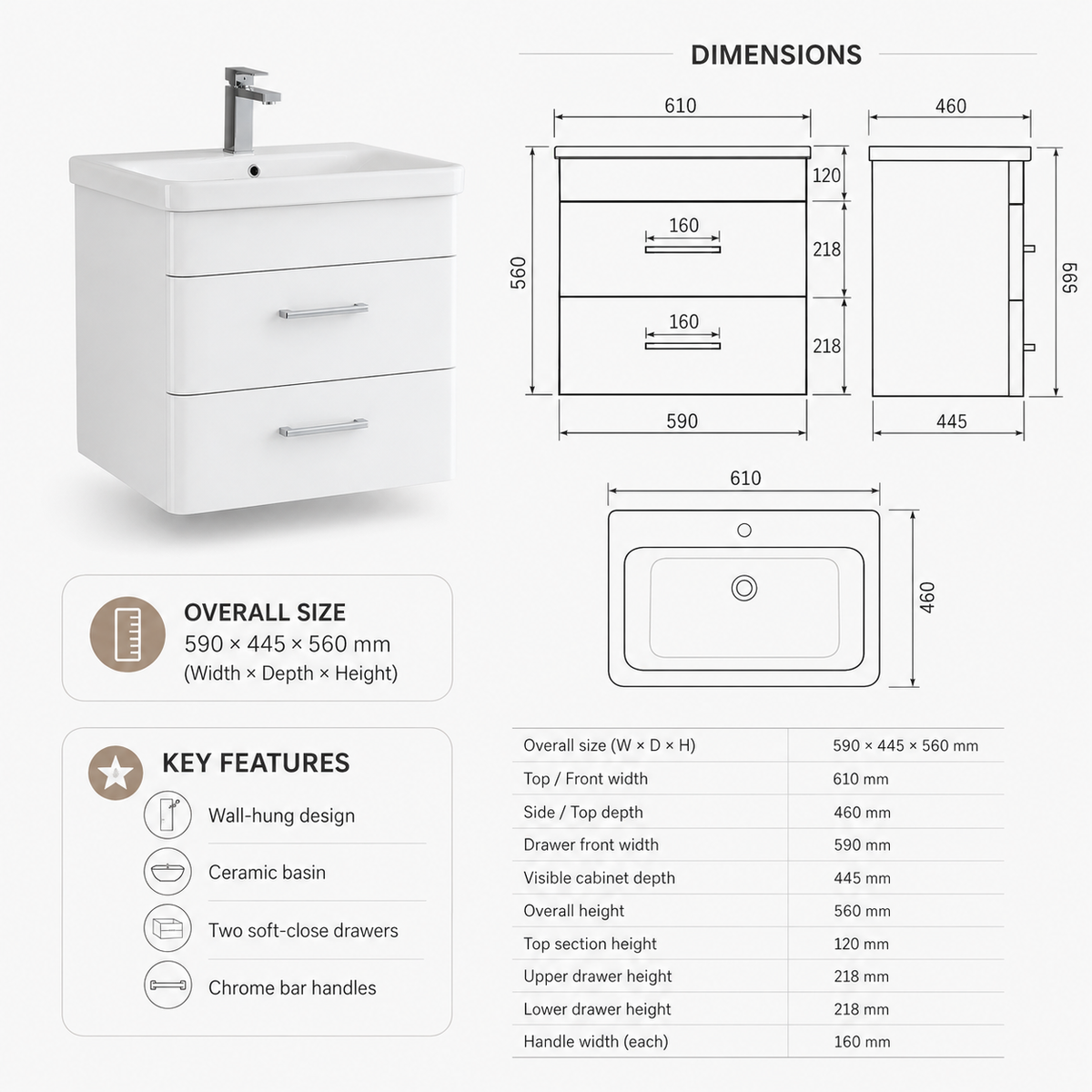 600mm Two-Drawer Wall-Hung Vanity Unit with Ceramic Basin
