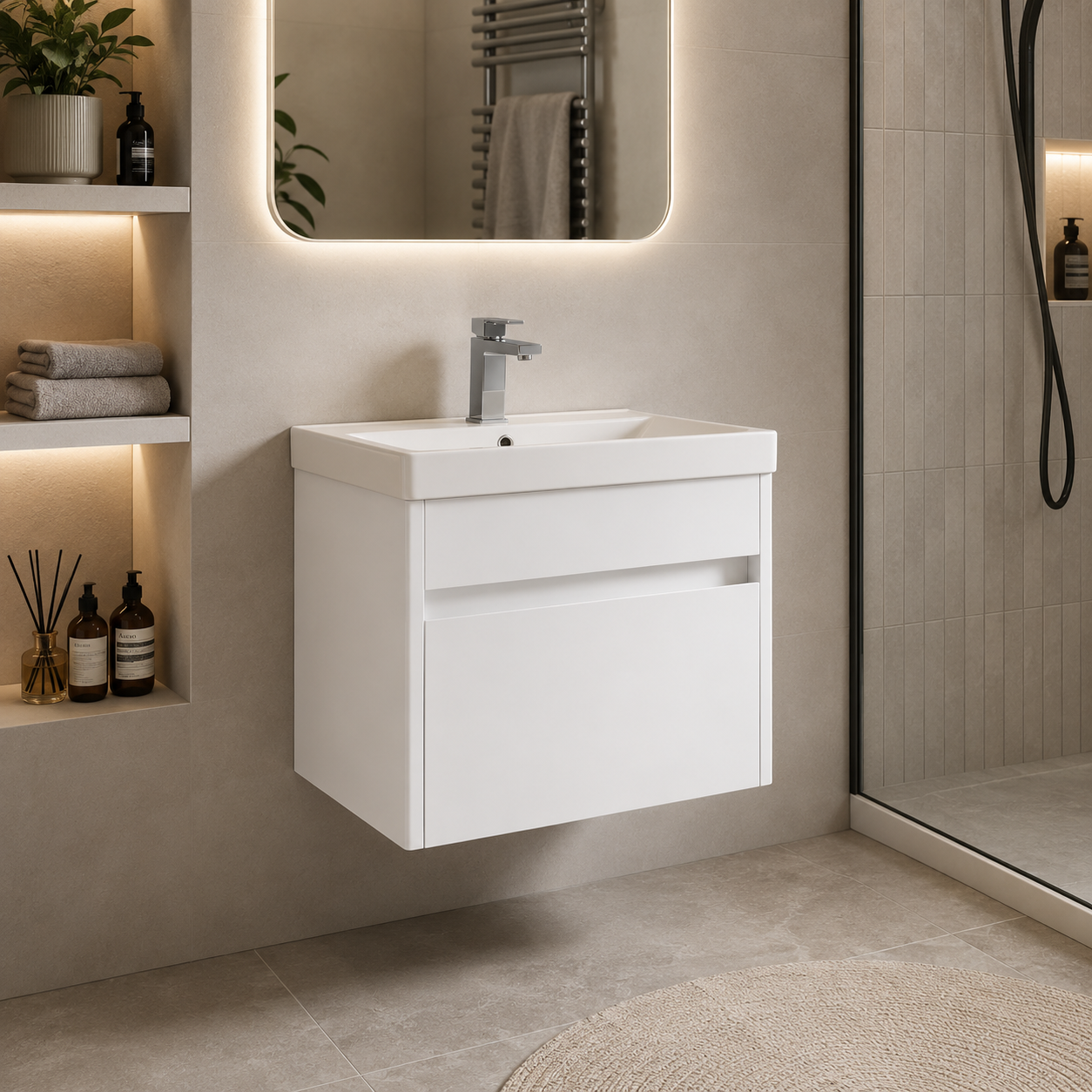 500mm Single-Drawer Wall-Hung Vanity Unit with Ceramic Basin