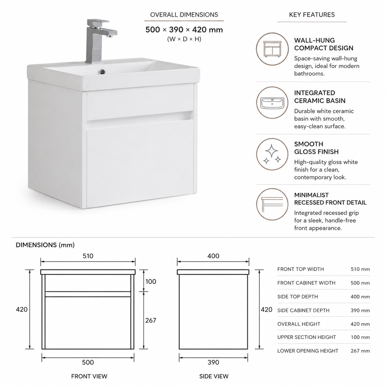 500mm Single-Drawer Wall-Hung Vanity Unit with Ceramic Basin
