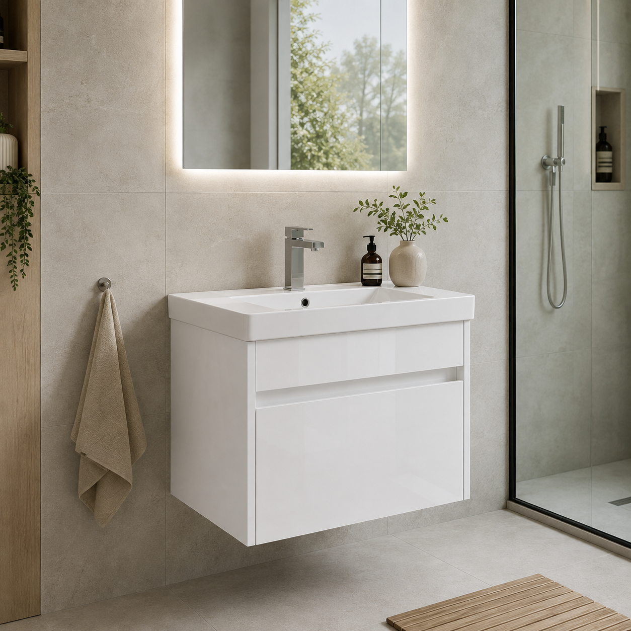600mm Single-Drawer Wall-Hung Vanity Unit with Ceramic Basin