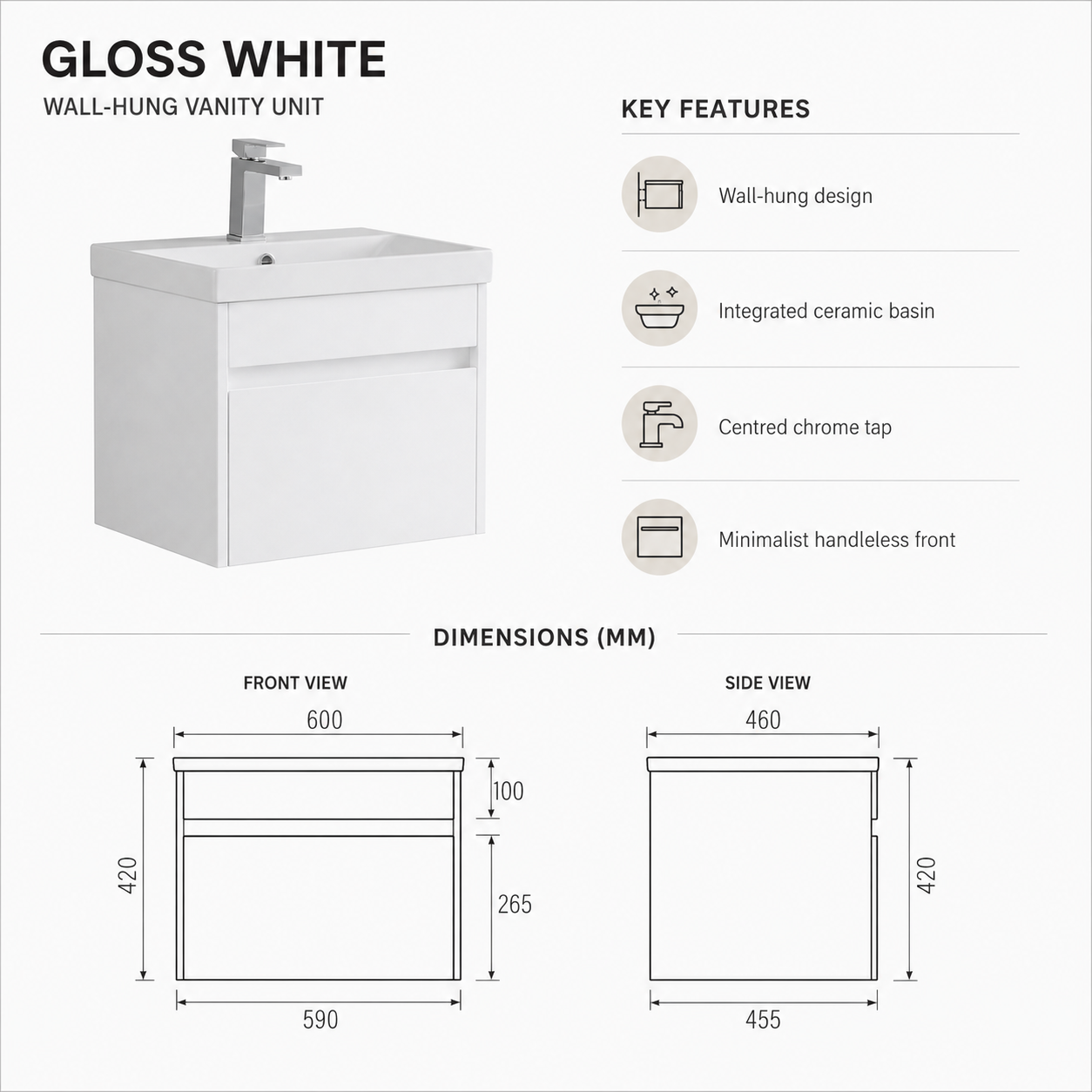 600mm Single-Drawer Wall-Hung Vanity Unit with Ceramic Basin