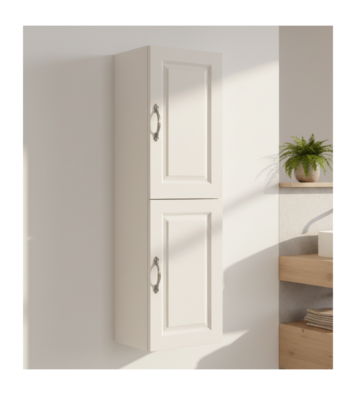 A tall, narrow wall-mounted double cabinet with two paneled doors in a warm off-white finish, featuring silver metal handles, shown against a plain white background.