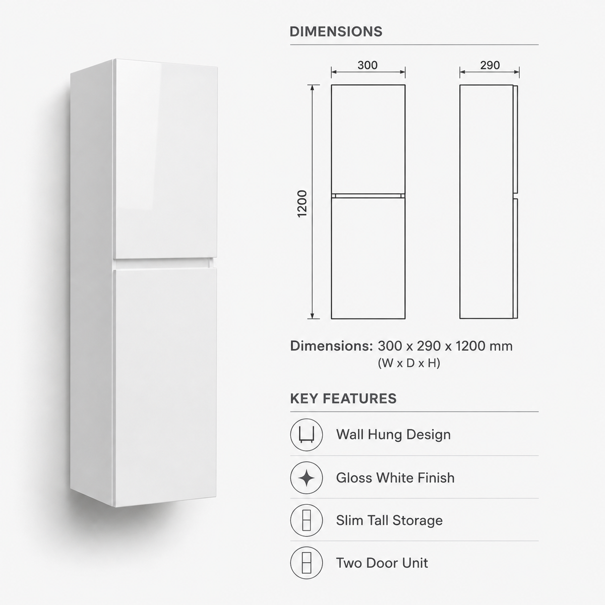 300mm Wall-Hung Tall Bathroom Storage Cabinet