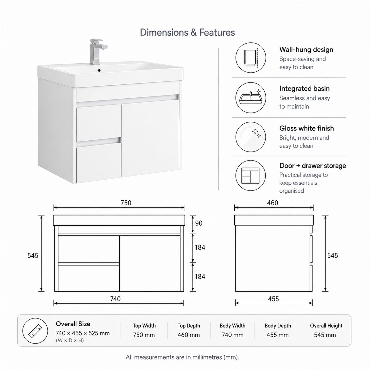 750mm Handle less Drawer Wall-Hung Vanity Unit with Ceramic Basin