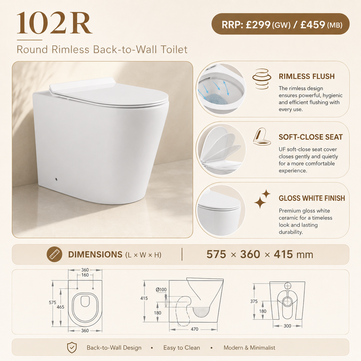 102R Round Rimless Back-to-Wall Toilet with Soft-Close Seat