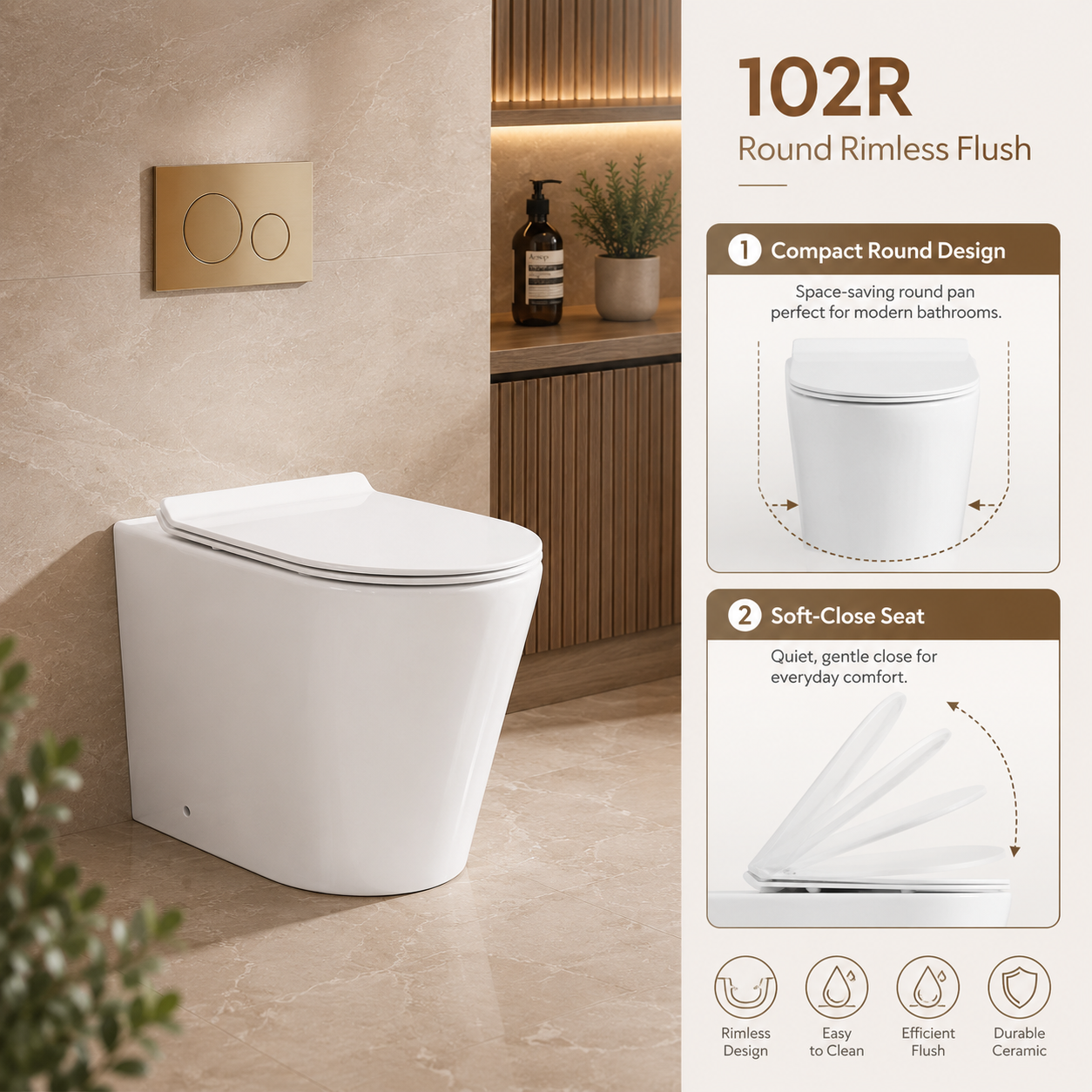 102R Round Rimless Back-to-Wall Toilet with Soft-Close Seat