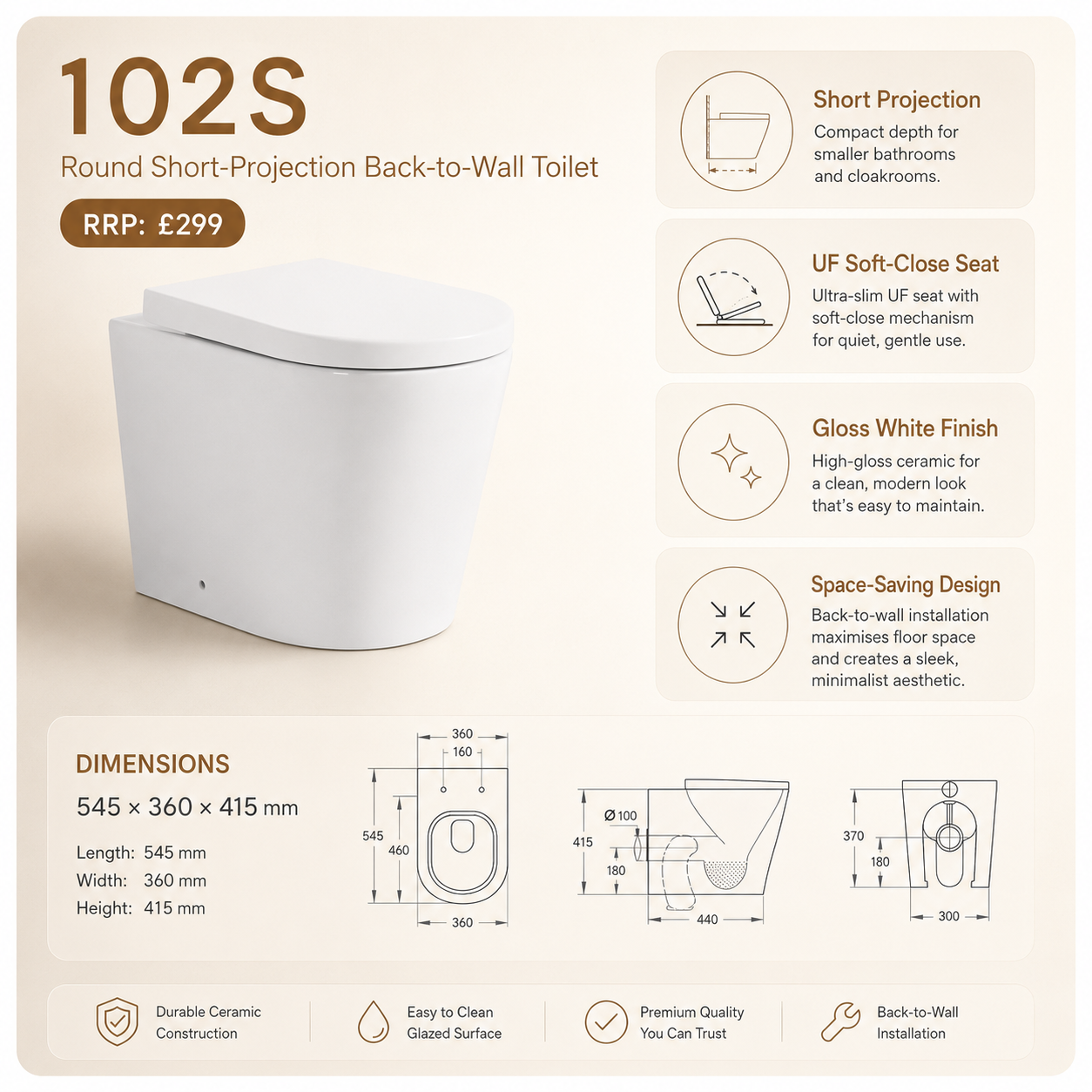 102S Round Short-Projection Back-to-Wall Toilet with Soft-Close Seat