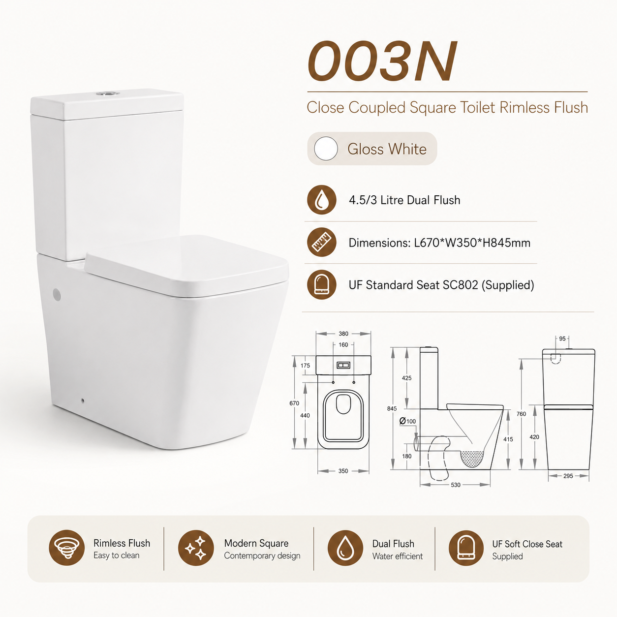 003N Square Rimless Close Coupled Toilet