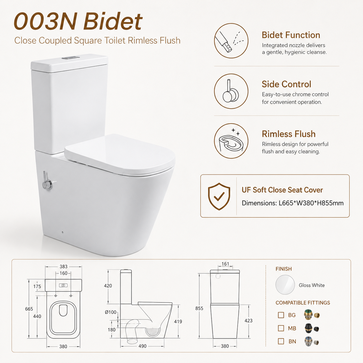 003N Square Rimless Close Coupled Bidet Toilet