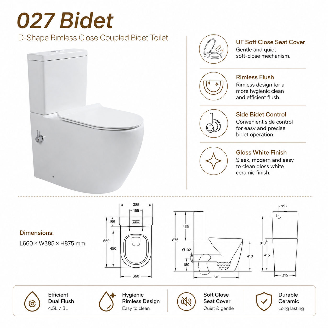 027 D-Shape Rimless Close Coupled Bidet Toilet