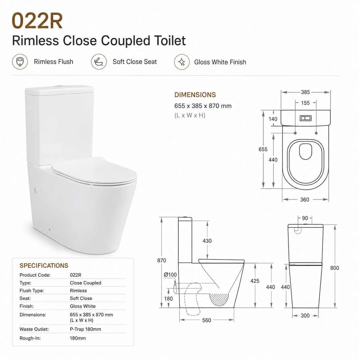 022R Rimless Close Coupled Toilet