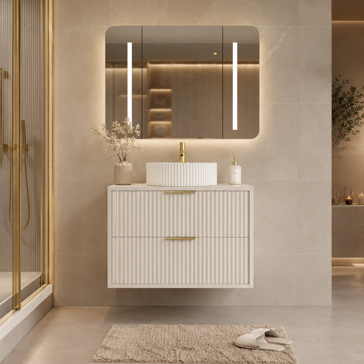 600mm Fluted Wall-Hung Vanity Unit with Worktop, Art Basin & Tap
