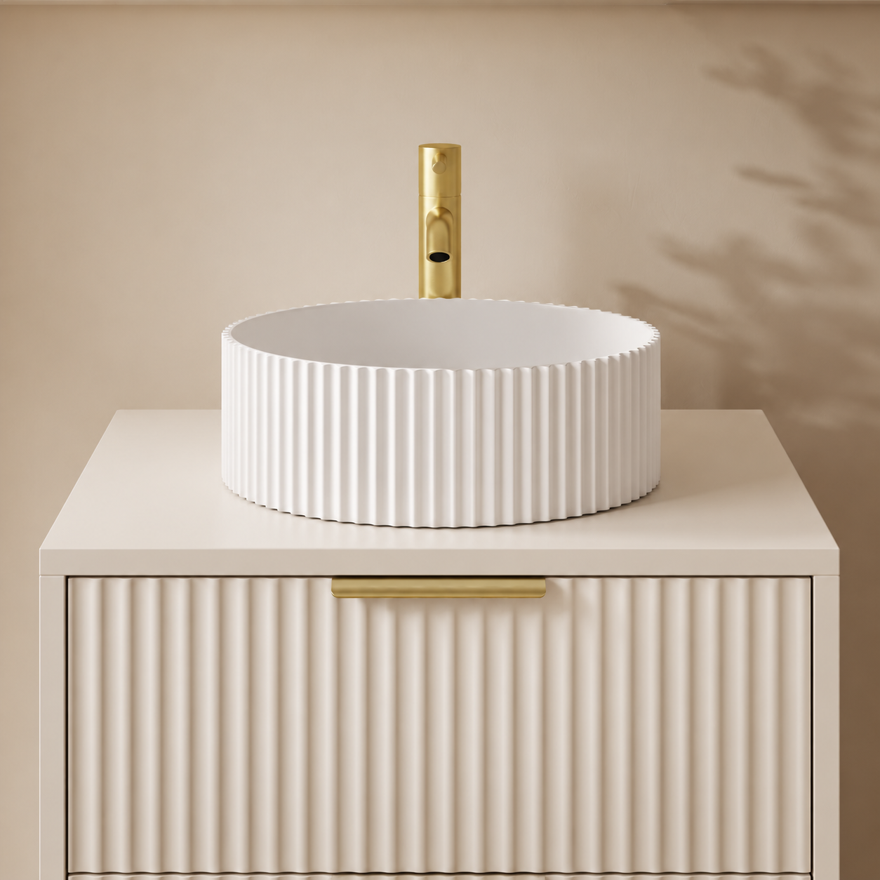 600mm Fluted Wall-Hung Vanity Unit with Worktop, Art Basin & Tap